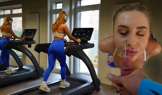 An athletic girl in tights received a load of cum on her face